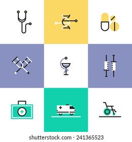 Flat line icons of first aid kit and medical equipment, DNA genome structure, biotechnology research, rehabilitation support. Infographic icons set, logo abstract design pictogram vector concept.