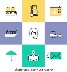 Flat line icons of global logistics services for international delivery, freight and cargo transportation, warehouse distribution. Infographic icons set, logo abstract design pictogram vector concept.