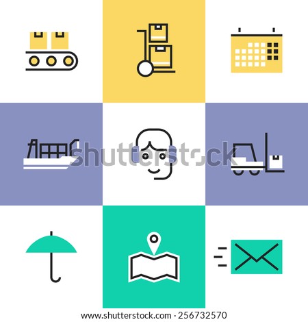 Flat line icons of global logistics services for international delivery, freight and cargo transportation, warehouse distribution. Infographic icons set, logo abstract design pictogram vector concept.