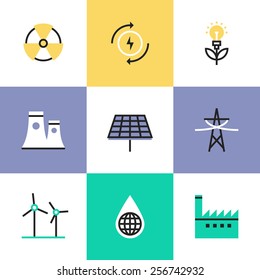 Flat line icons of global production of renewable energy, green power saving efficiency, solar panel and atomic power plant. Infographic icons set, logo abstract design pictogram vector concept.