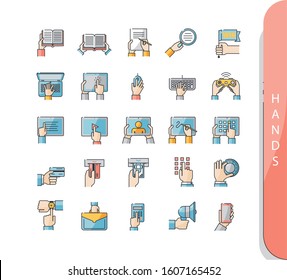 Flachzeilensymbole von Händen, die leere Papierbroschüre, Tablet, Handy und vieles mehr halten. Kollektion von hochwertigen Symbolen. 