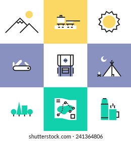 Flat line icons of hiking equipment and camping tent, outdoor adventure activities, wild tourism, wilderness mountain exploration. Infographic icons set, logo abstract design pictogram vector concept.