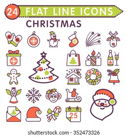 Flat line icons. Holiday collection. Merry Christmas and New Year. Set with with Santa Claus, deer, tree, snowman, gingerbread, mittens, monkey, gift and socks.  Vector EPS10.