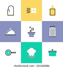 Flat line icons of kitchen tools, cooking utensils and kitchenware equipment, food preparation elements. Infographic icons set, logo abstract design pictogram vector concept.