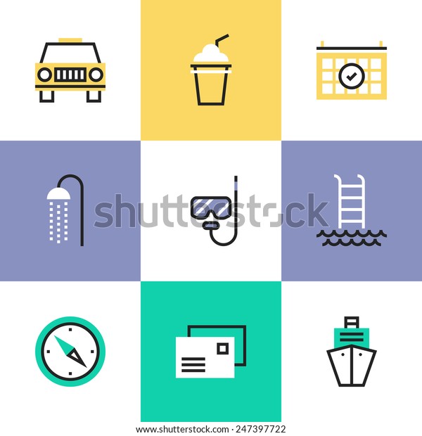 Flat line icons of luxury cruise on a ocean\
liner, swimming and diving relaxation, navigation to destination,\
vacation planning. Infographic icons set, logo abstract design\
pictogram vector concept.