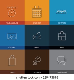 flat line icons for mobile or smartphone - concept vector. This graphic represents cell phone menu icons like calendar, time & date, gallery & store, settings & apps, contacts & messaging
