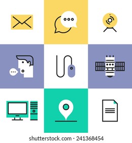 Flat line icons of modern communication technology for business, computer interface elements, social networking connection. Infographic icons set, logo abstract design pictogram vector concept.