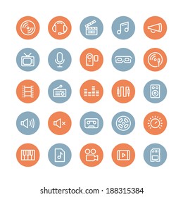 Flat line icons modern design style illustration vector set of multimedia symbols, sound and music instruments, audio and video items and objects. Isolated on white background.  