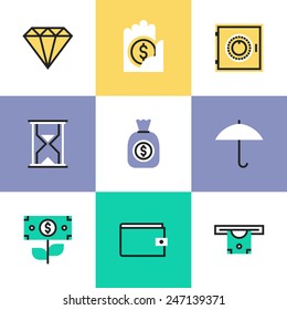 Flat line icons of money savings and protection, diamond jewelry, business capital growth, bank account and banking deposit. Infographic icons set, logo abstract design pictogram vector concept.