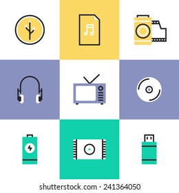 Flat line icons of multimedia objects, audio and video items like TV set, headphones, audio file and USB connection interface. Infographic icons set, logo abstract design pictogram vector concept.