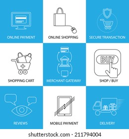 flat line icons on shopping, e-commerce, m-commerce - concept vector. This graphic also represents shopping on websites, payment using credit cards, merchant gateways, secure transactions, delivery