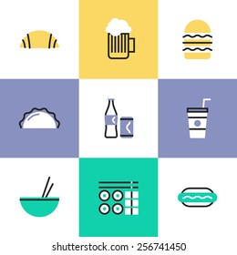 Flat line icons of popular food and drink like croissant, glass of beer, hamburger, takeaway coffee, set of sushi and hot dog. Infographic icons set, logo abstract design pictogram vector concept.