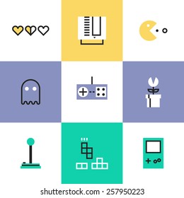 Flat line icons of popular retro gaming from 80s and 90s, classic game play elements, oldschool game controller for video console. Infographic icons set, logo abstract design pictogram vector concept.