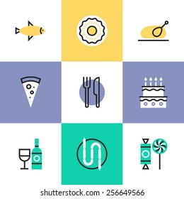 Flat line icons of preparing and serving food, various sweets like cakes and candy, bottle of wine with glass, slice of pizza. Infographic icons set, logo abstract design pictogram vector concept.