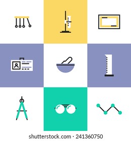 Flat line icons of science experiment, chemistry analysis tools, perpetual motion machine, tools for various mathematical purposes. Infographic icon set, logo abstract design pictogram vector concept.