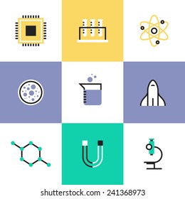 Flat line icons of science experiment, research analysis, chemistry tools, biology  equipment, atom physics and molecule symbol. Infographic icons set, logo abstract design pictogram vector concept.