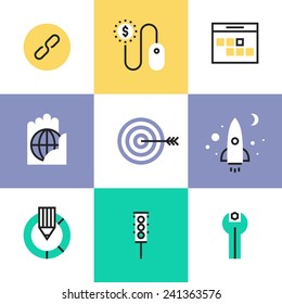 Flat line icons of SEO optimization process, startup website development, usability testing, link building, traffic metrics tools. Infographic icon set, logo abstract design pictogram vector concept.