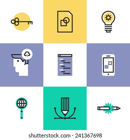 Flat line icons of SEO studio service, website optimization process, web coding programming, success idea, mobile app development. Infographic icons set, logo abstract design pictogram vector concept.