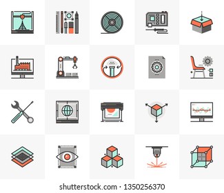 Flat line icons set of 3D printing technology, fabrication lab. Unique color flat design pictogram with outline elements. Premium quality vector graphics concept for web, logo, branding, infographics.