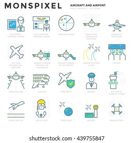 Flat Line Icons Set Of Aircraft And Airport. Pixel Perfect Icons. Simple Pictogram Pack Vector Logo Concept For Web Graphics.