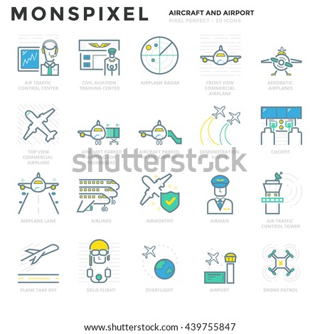 Flat line Icons set of Aircraft and Airport. Pixel Perfect Icons. Simple pictogram pack vector logo concept for web graphics.