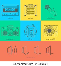 Flat line icons set of audio technic 90's like magnet cassette, combo, microphone, stereo system, player, vinyl turntable and volume user interface. Modern design style vector illustration concept.