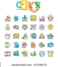 Flat line icons set of banking, internet and mobile banking, payment services and solutions. Modern design icons for web and app design and development.