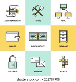 Flat line icons set of bitcoin digital money, cryptocurrency system and mining pool, security software technology and virtual currency management. Flat design style modern vector illustration concept 