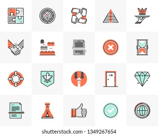 Flat line icons set of business metaphors and market concepts. Unique color flat design pictogram with outline elements. Premium quality vector graphics concept for web, logo, branding, infographics.