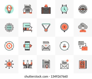 Flat line icons set of business development and work process. Unique color flat design pictogram with outline elements. Premium quality vector graphics concept for web, logo, branding, infographics.