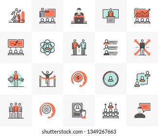 Flat line icons set of business leadership, employee training. Unique color flat design pictogram with outline elements. Premium quality vector graphics concept for web, logo, branding, infographics.