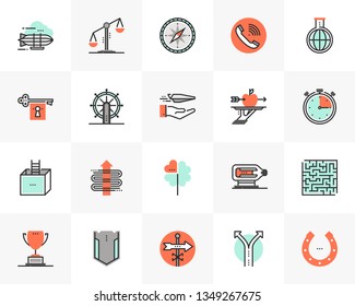 Flat line icons set of business concepts, marketing metaphors. Unique color flat design pictogram with outline elements. Premium quality vector graphics concept for web, logo, branding, infographics.