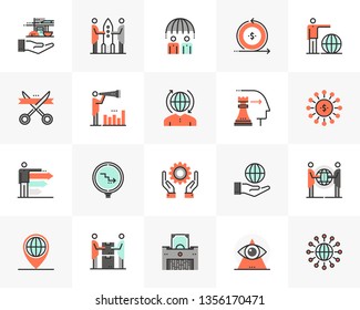 Flat line icons set of business cooperation, corporate management. Unique color flat design pictogram, outline elements. Premium quality vector graphics concept for web, logo, branding, infographics.