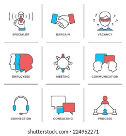 Flat line icons set of business meeting, professional occupation, company consulting, people communication and deal agreement. Modern trend design style vector concept. Isolated on white background.