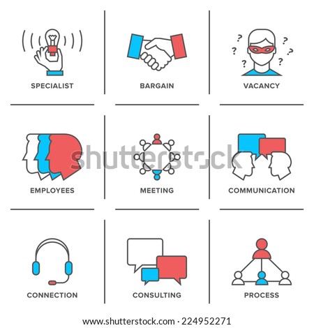 Flat line icons set of business meeting, professional occupation, company consulting, people communication and deal agreement. Modern trend design style vector concept. Isolated on white background.