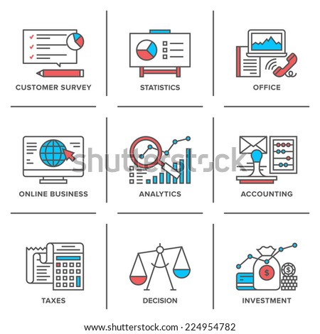 Flat line icons set of business planning process, company accounting organization, big data analytics, corporate taxes optimization. Modern trend design vector concept. Isolated on white background.