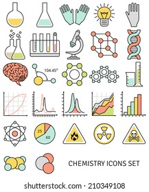 Flat line icons set of chemistry symbols and objects. Vector illustration. Science and education elements. Chemical test tubes.