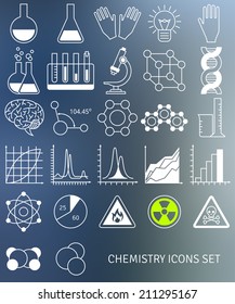 Flat line icons set of chemistry symbols and objects. Vector illustration. Science and education elements. Chemical test tubes.