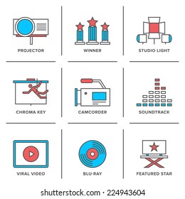 Flat line icons set of cinema shooting, movie post production, award winner, soundtrack writing, viral video making. Modern trend design style vector concept. Isolated on white background.