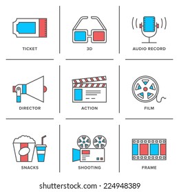 Flat line icons set of cinema shooting, movie watching, film production, leisure entertainment, 3d television and audio record. Modern trend design style vector concept. Isolated on white background.