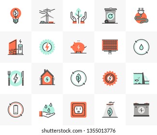 Flat line icons set of clean energy source, recycling waste. Unique color flat design pictogram with outline elements. Premium quality vector graphics concept for web, logo, branding, infographics.