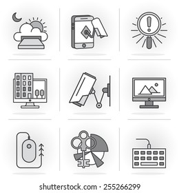 Flat Line Icons Set. Cloud Storag, Safety, Security and Video Surveillance. Isolated Objects in a Modern Style for Your Design.