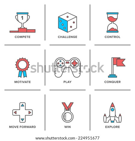 Flat line icons set of competitive advantage solution, business gamification elements, winning strategy ideas, motivation, achievement. Modern trend design vector concept. Isolated on white background