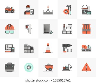 Flat line icons set of construction building, civil engineering. Unique color flat design pictogram with outline elements. Premium quality vector graphics concept for web, logo, branding, infographics