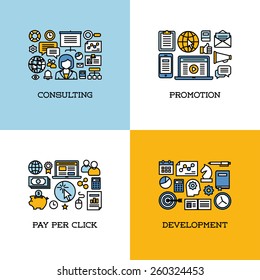 Flat line icons set of consulting, promotion, pay per click, development. Creative design elements for websites, mobile apps and printed materials