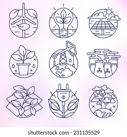 Flat Line Icons Set. Contamination Of The Environment, Ecology, Solar, Clean Energy, Petroleum, Planet Earth, Environment.