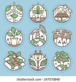 Flat line icons set. Contamination of the environment, ecology, solar, clean energy, petroleum, planet earth, environment.