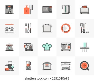 Flat line icons set of cookware electronics, kitchen appliances. Unique color flat design pictogram with outline elements. Premium quality vector graphics concept for web, logo, branding, infographics