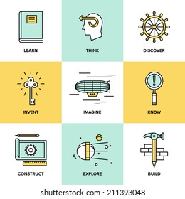 Flat Line Icons Set Of Creative Thinking Process, Learning And Study Activities, Explore And Discovery New Things, Planning And Creating Innovation Projects. Modern Design Vector Illustration Concept.