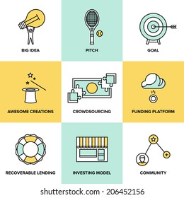 Flat line icons set of crowd funding service, investing platform for creative project, development of small business, startup model and community ideas. Modern design style vector illustration concept